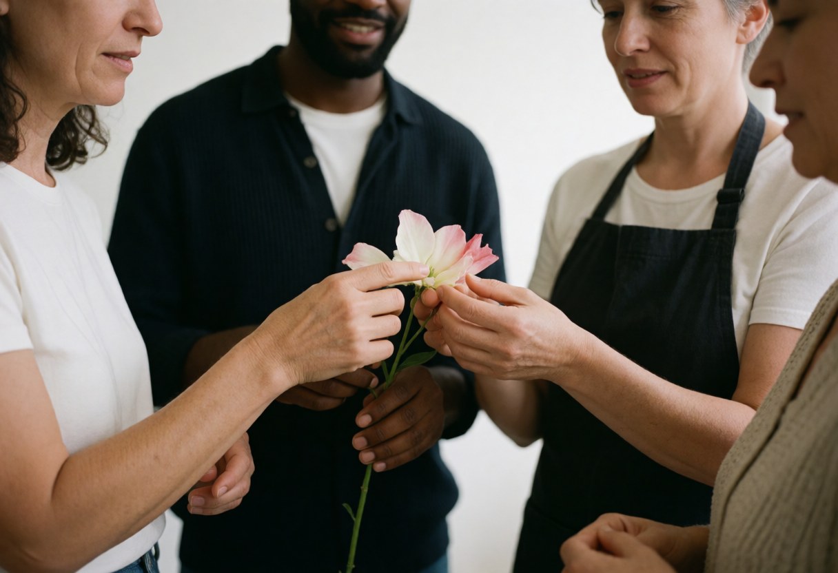 A florist and a customer work together on a floral arrangement, while others watch attentively.