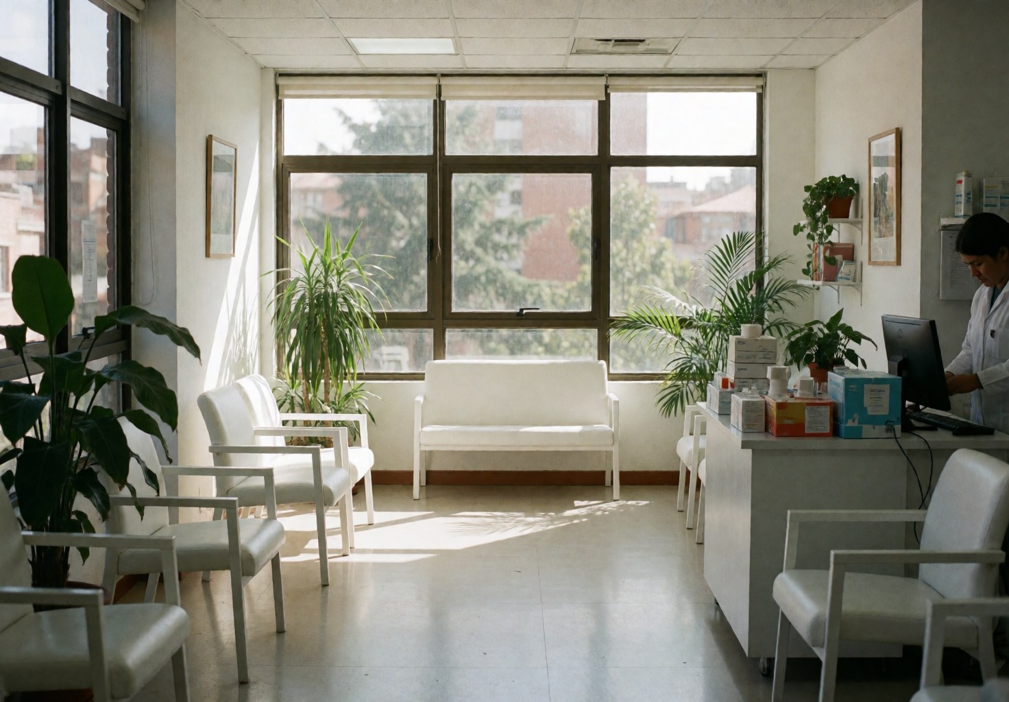 A clinic waiting room with natural light, white chairs, plants, and a professional attending at a desk.