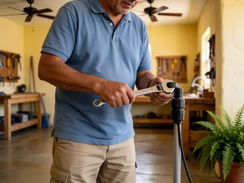 A man in a blue shirt adjusts a pipe with a wrench in a room with tools hanging on the wall.