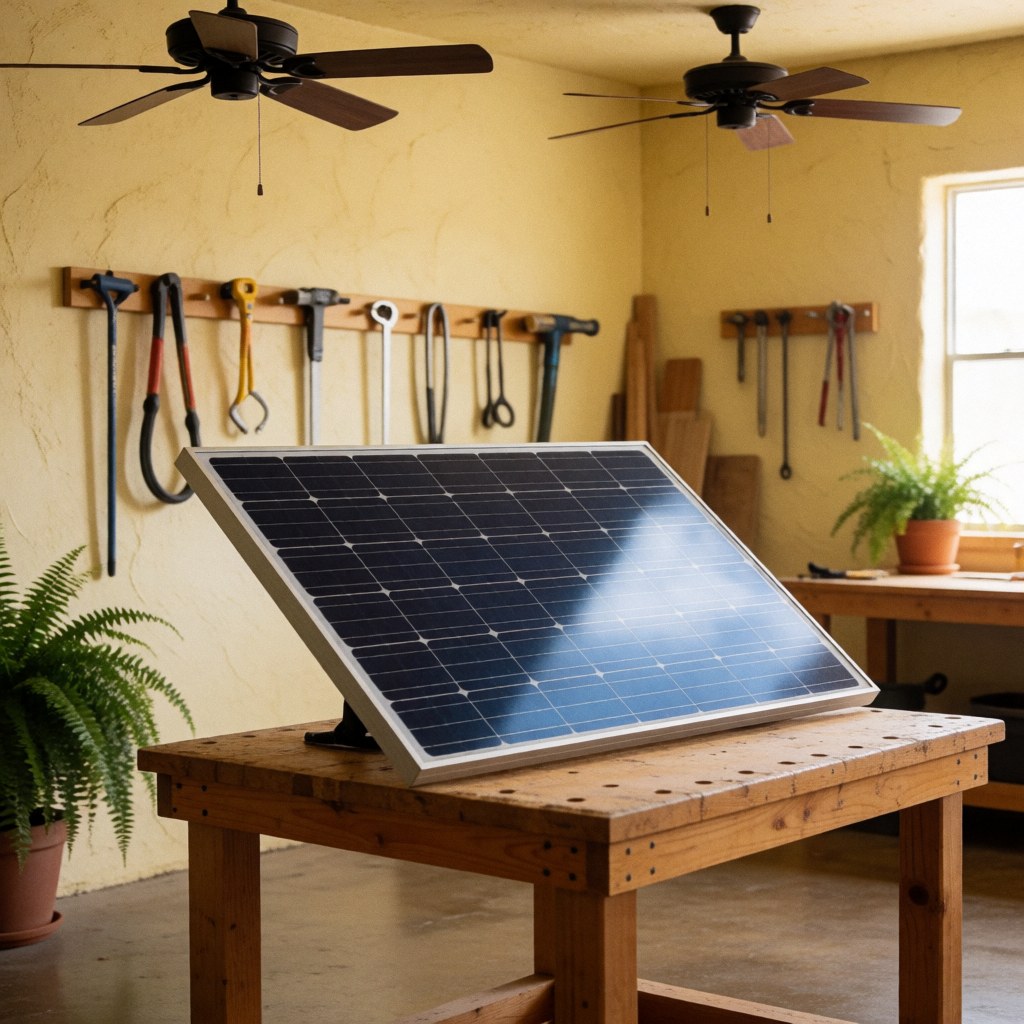 Solar panel on a workbench in a workshop with tools hanging on the wall.