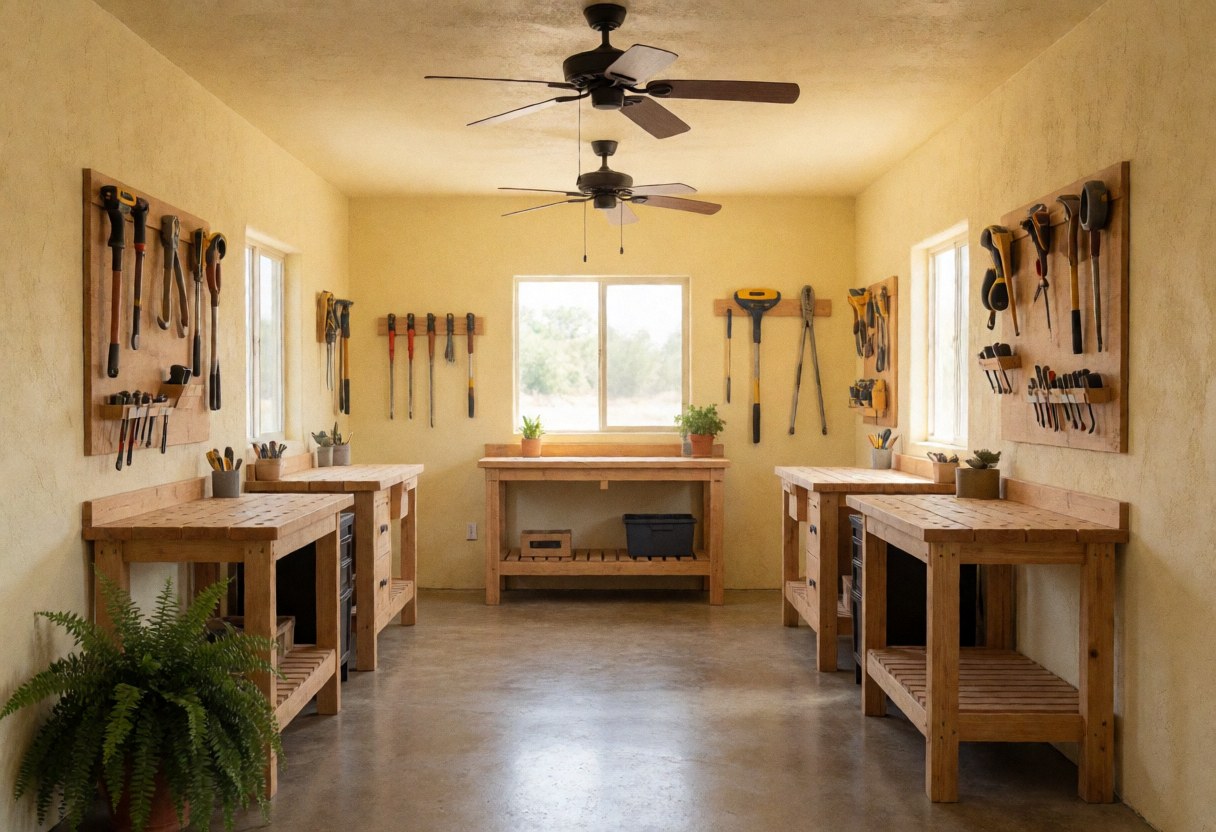 Mechanical workshop with wooden workbenches, tools hanging on walls, and windows letting in natural light.