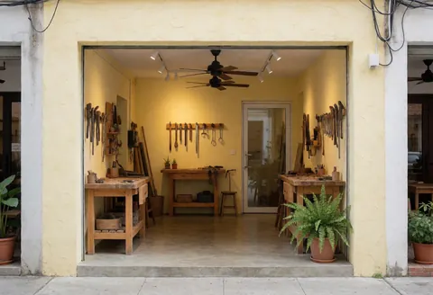 Entrance to a tool shop with workbenches, tools hanging on the walls, and potted plants.