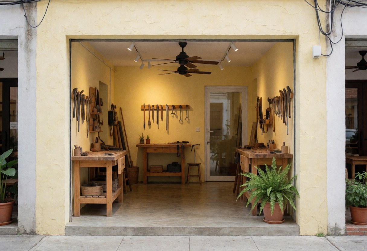 Entrance to a tool shop with workbenches, tools hanging on the walls, and potted plants.