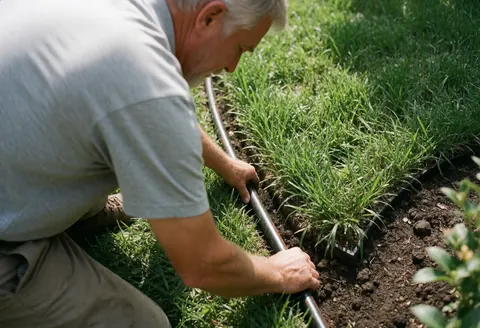 A man installs irrigation piping in a garden with green grass and fresh soil under natural sunlight, showing professional landscaping service in action.