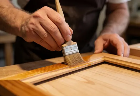 A man using a brush to apply varnish to a wooden frame in a workshop.