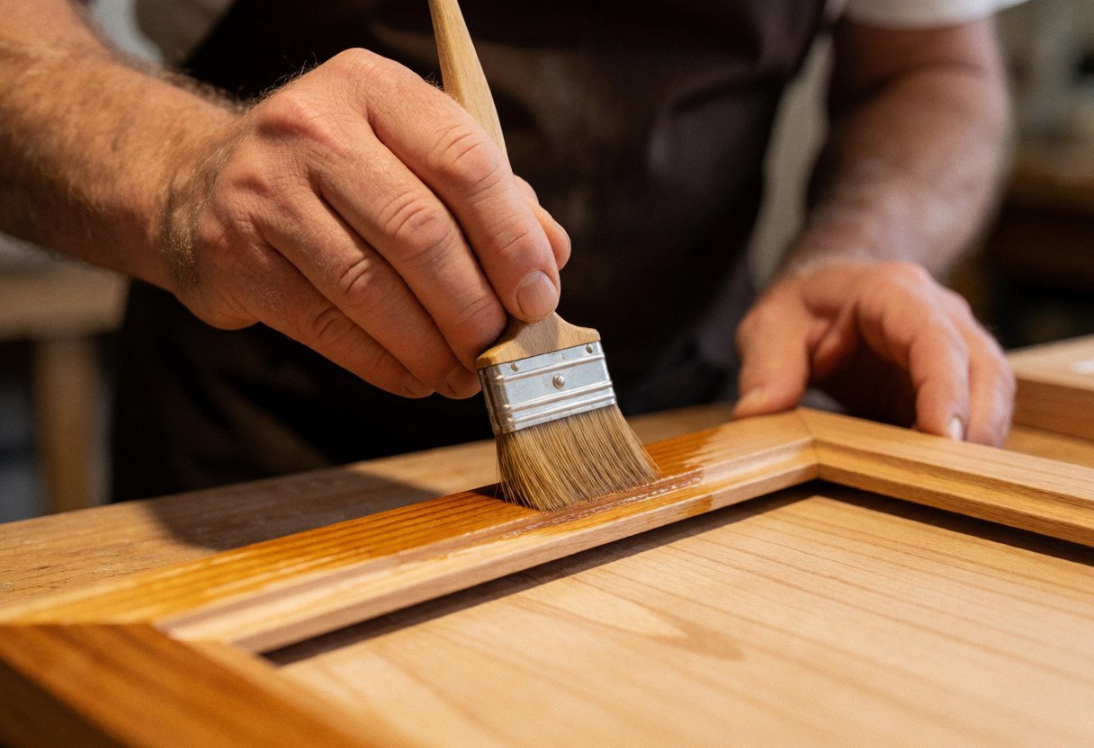 A man using a brush to apply varnish to a wooden frame in a workshop.