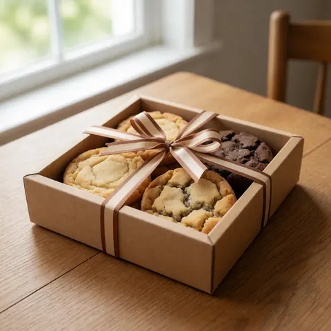 Gourmet cookie gift box with ribbon on wooden table with natural light for catering or bakery product display