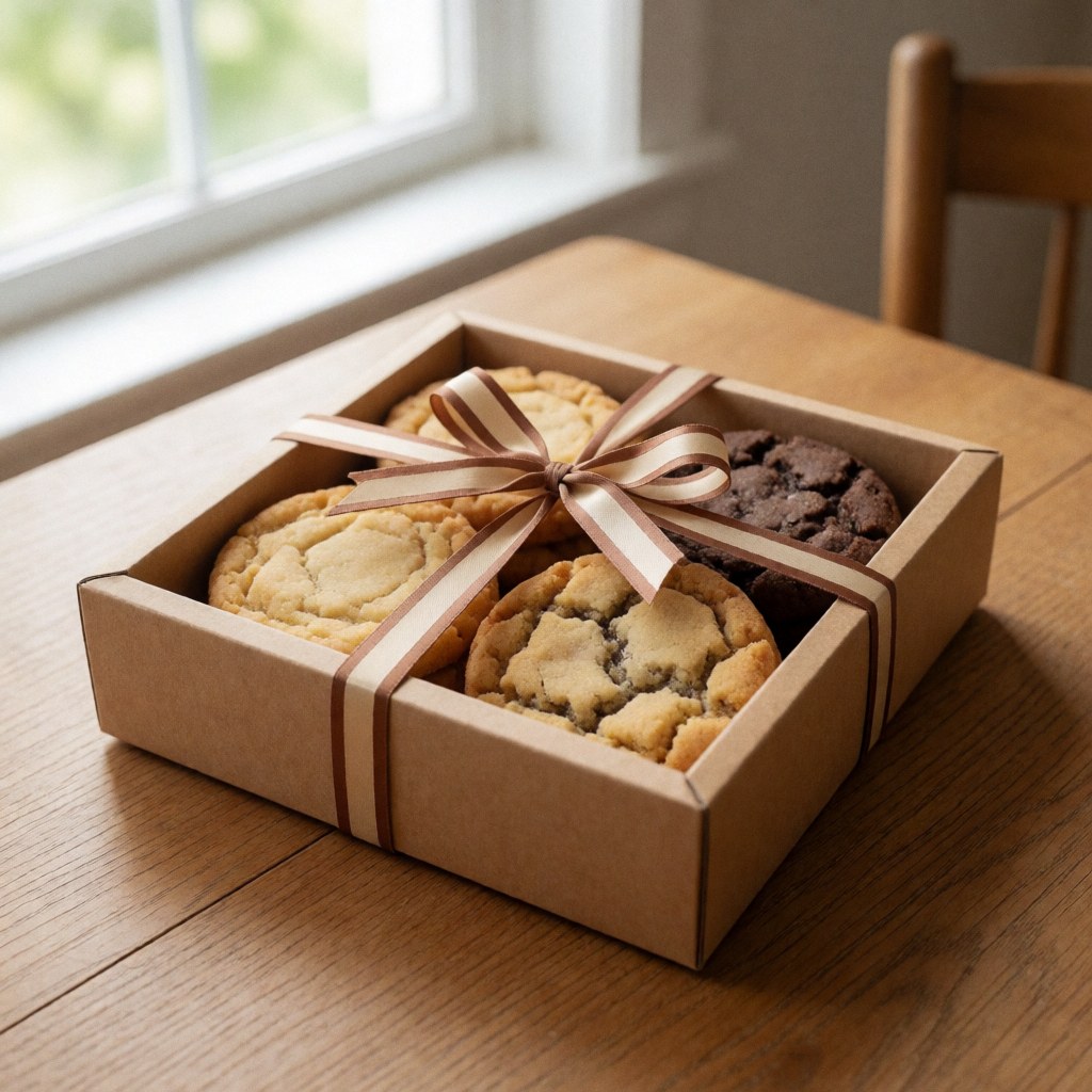 Cardboard box with chocolate and vanilla cookies tied with a brown ribbon on a wooden table.