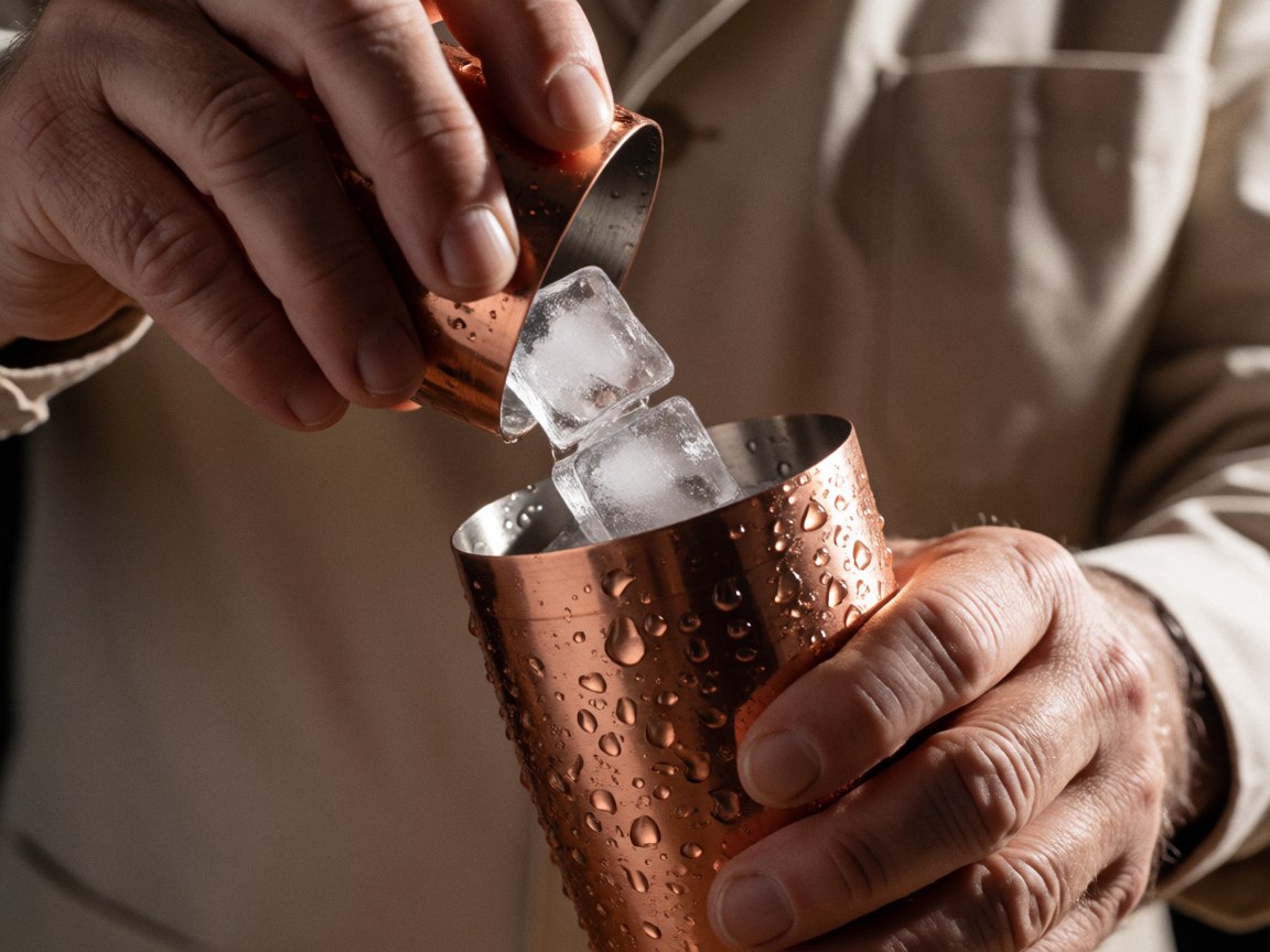 Hand of bartender adding ice cubes to copper cocktail shaker with water droplets.