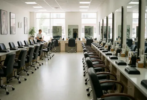 Empty nail salon with chairs and tables ready to serve clients, with one person working in the background.