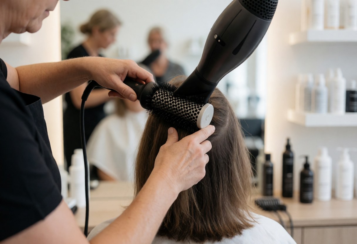 Stylist using a blow dryer and brush to style a client's hair in a salon.