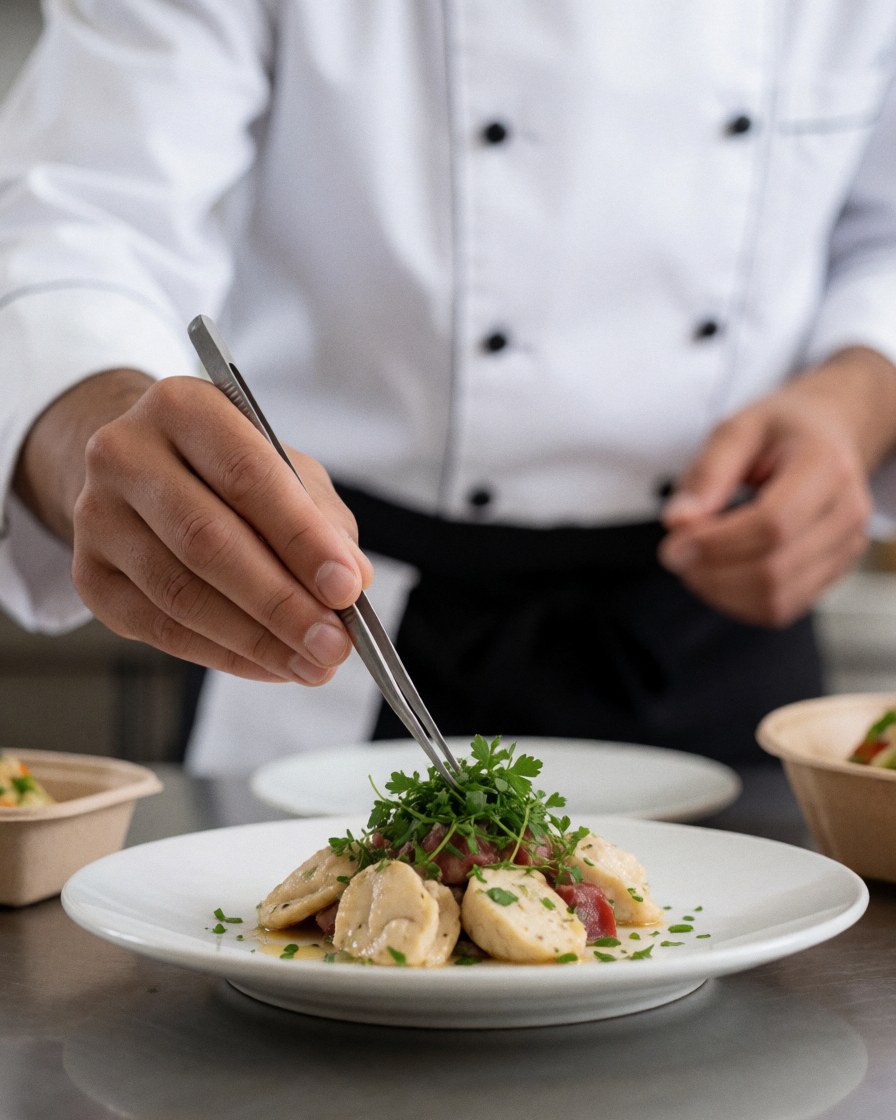 A chef in a white uniform and black apron places fresh herbs with tongs on a white plate with food.