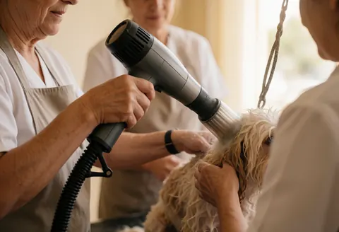 A professional groomer drying a relaxed, fluffy dog with a blow dryer in a bright, welcoming salon with visible tools.