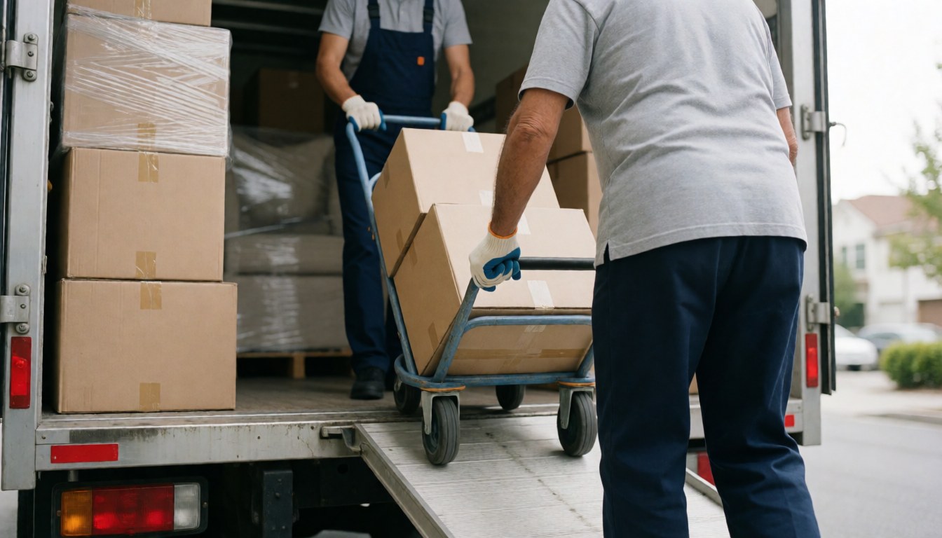 Two workers push a dolly with cardboard boxes into the back of a moving truck.