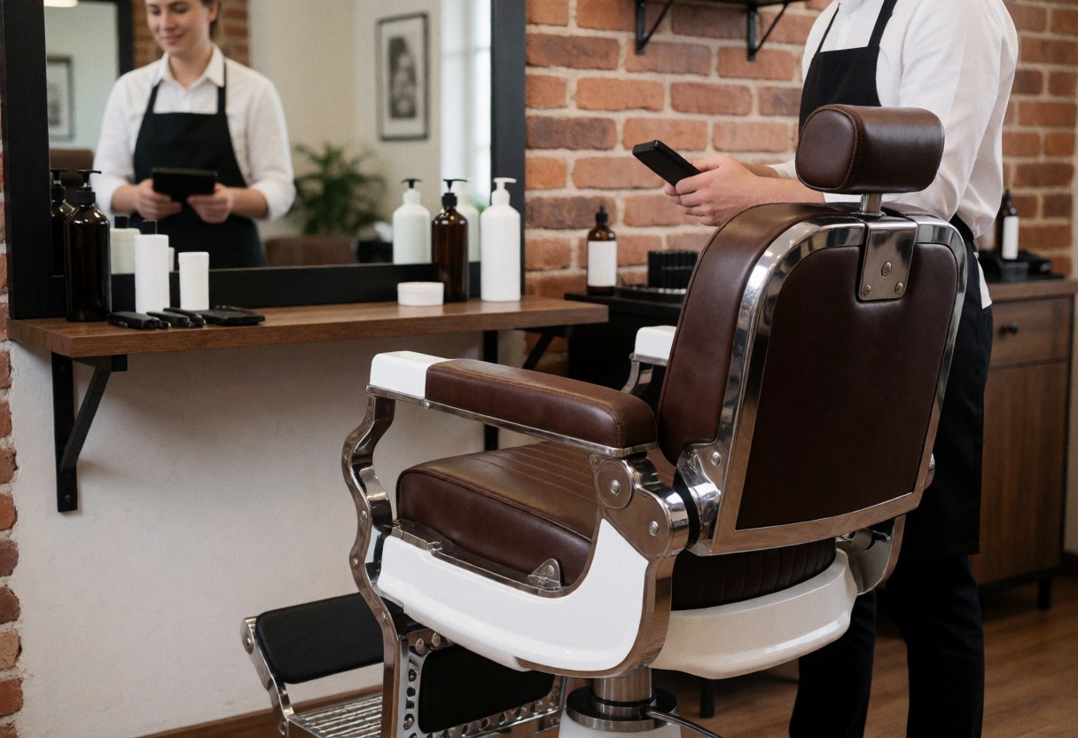 Classic barber chair with brown leather seat and shiny metal frame in a barbershop with brick walls.