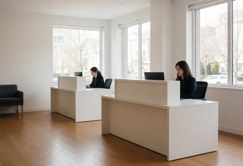 A clean and modern minimalist reception desk in a bright office space featuring wood accents and large windows letting in natural light