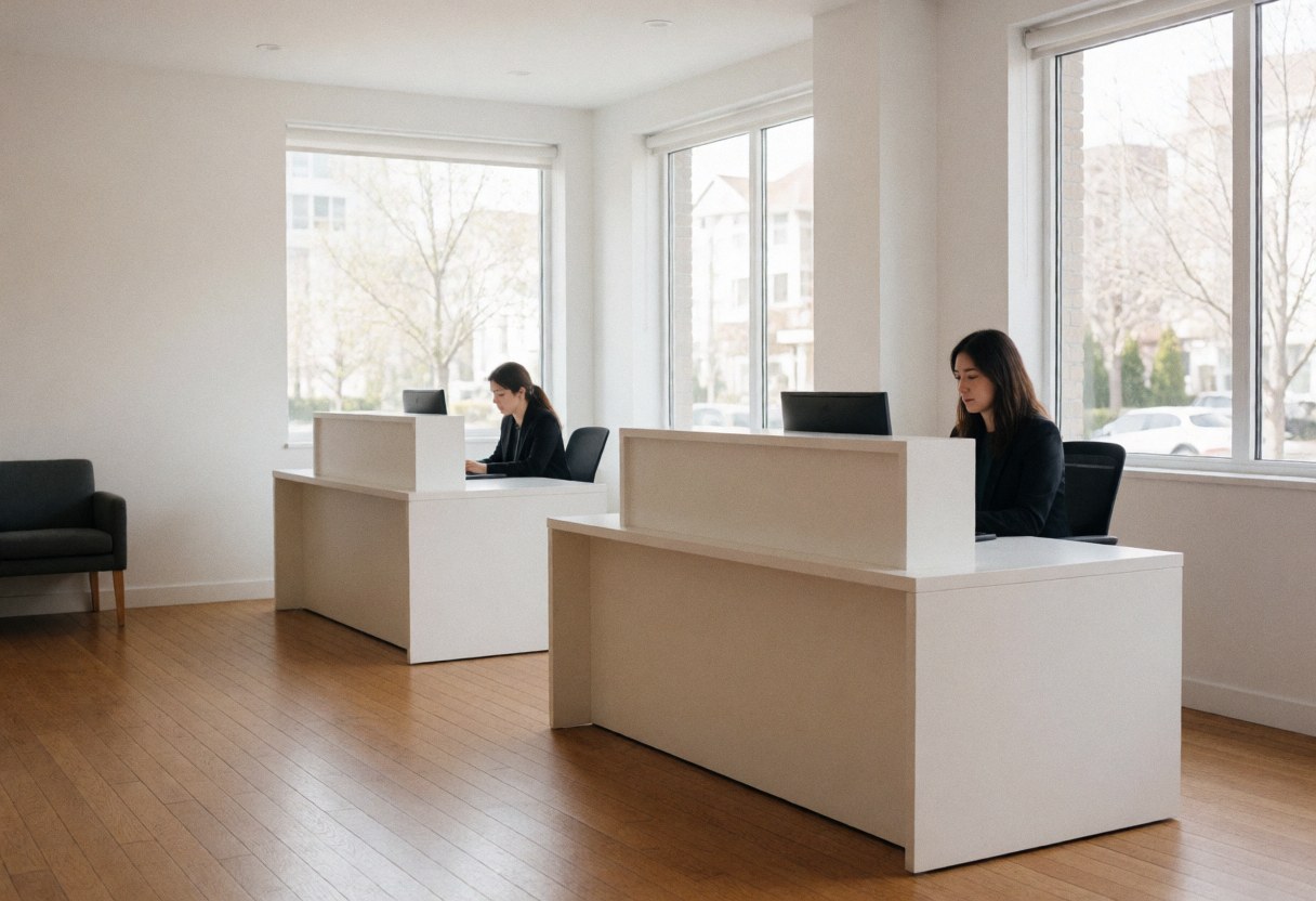 Two receptionists working at a white minimalist desk in an office with hardwood floors and large windows.