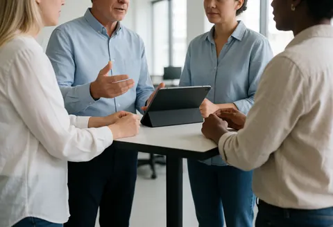 Four people in a work meeting around a table with a tablet.
