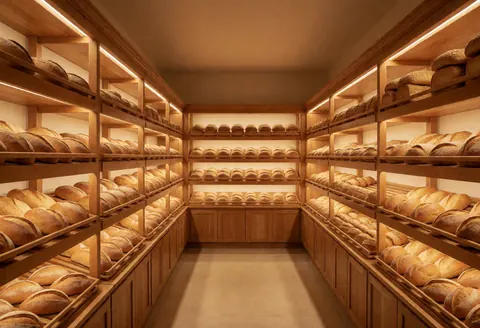 Bakery interior with wooden shelves filled with fresh bread under warm lights.