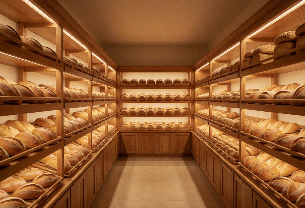 Bakery interior with wooden shelves filled with fresh bread under warm lights.