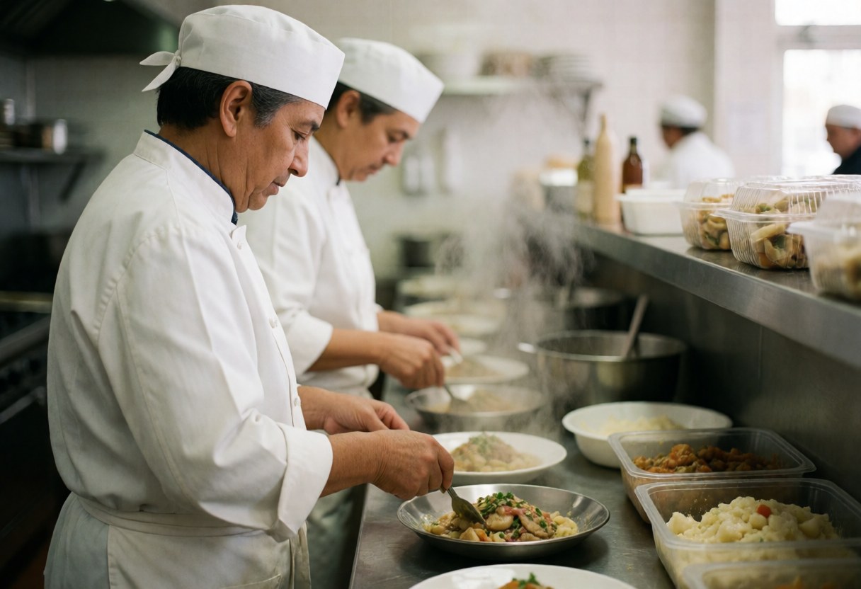 Chefs in white uniforms serving hot food in a professional kitchen with steam and food containers.