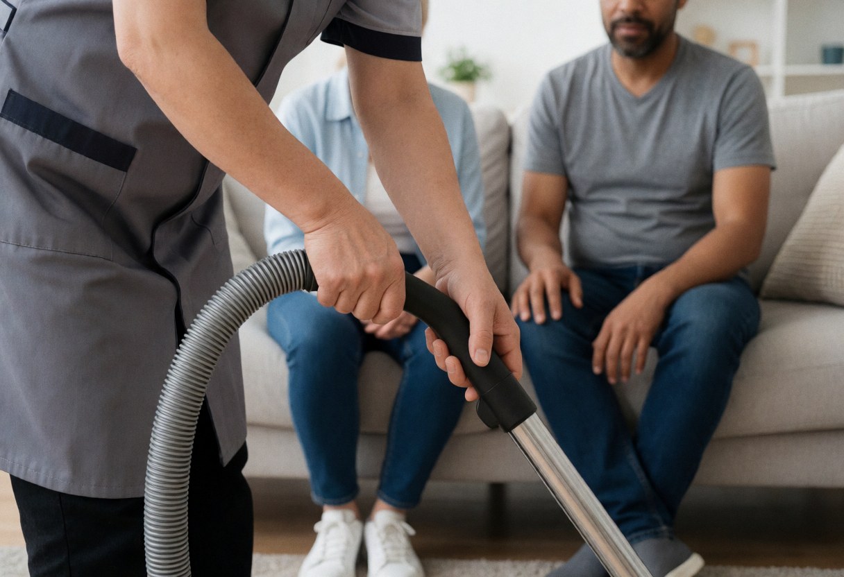 A cleaner uses a vacuum to clean the floor in a living room where two people are sitting on a sofa.