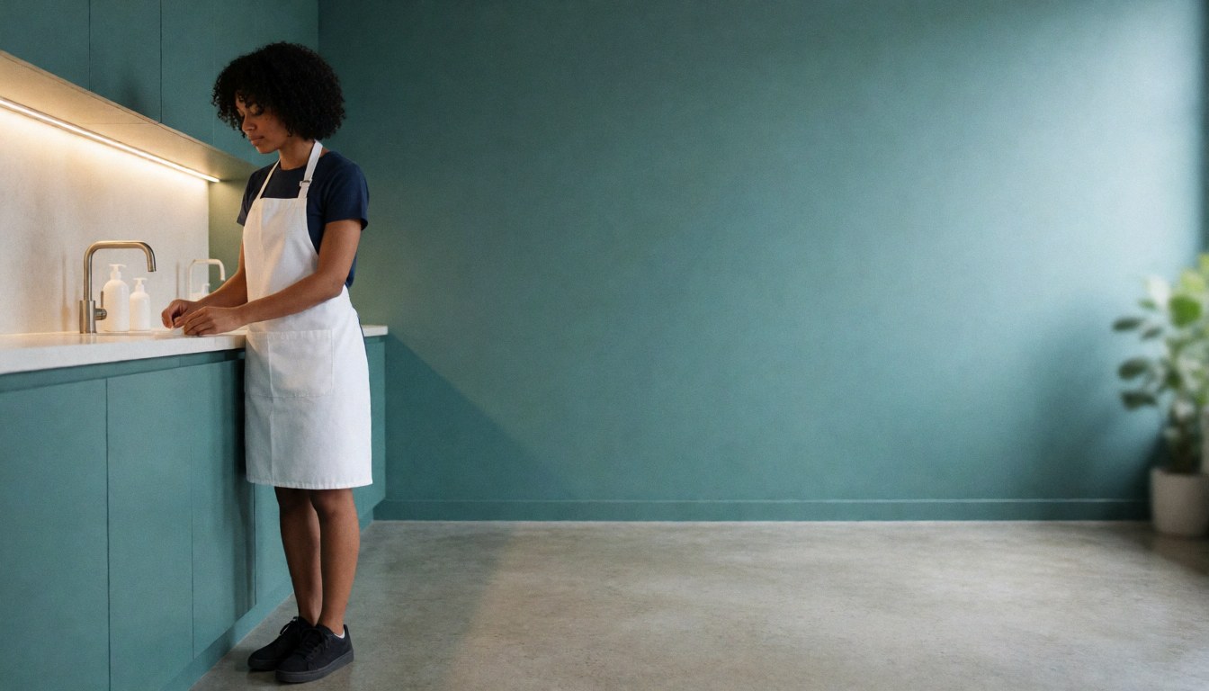 An esthetician in a white apron washes hands at a white marble sink in a teal and polished concrete clinic.