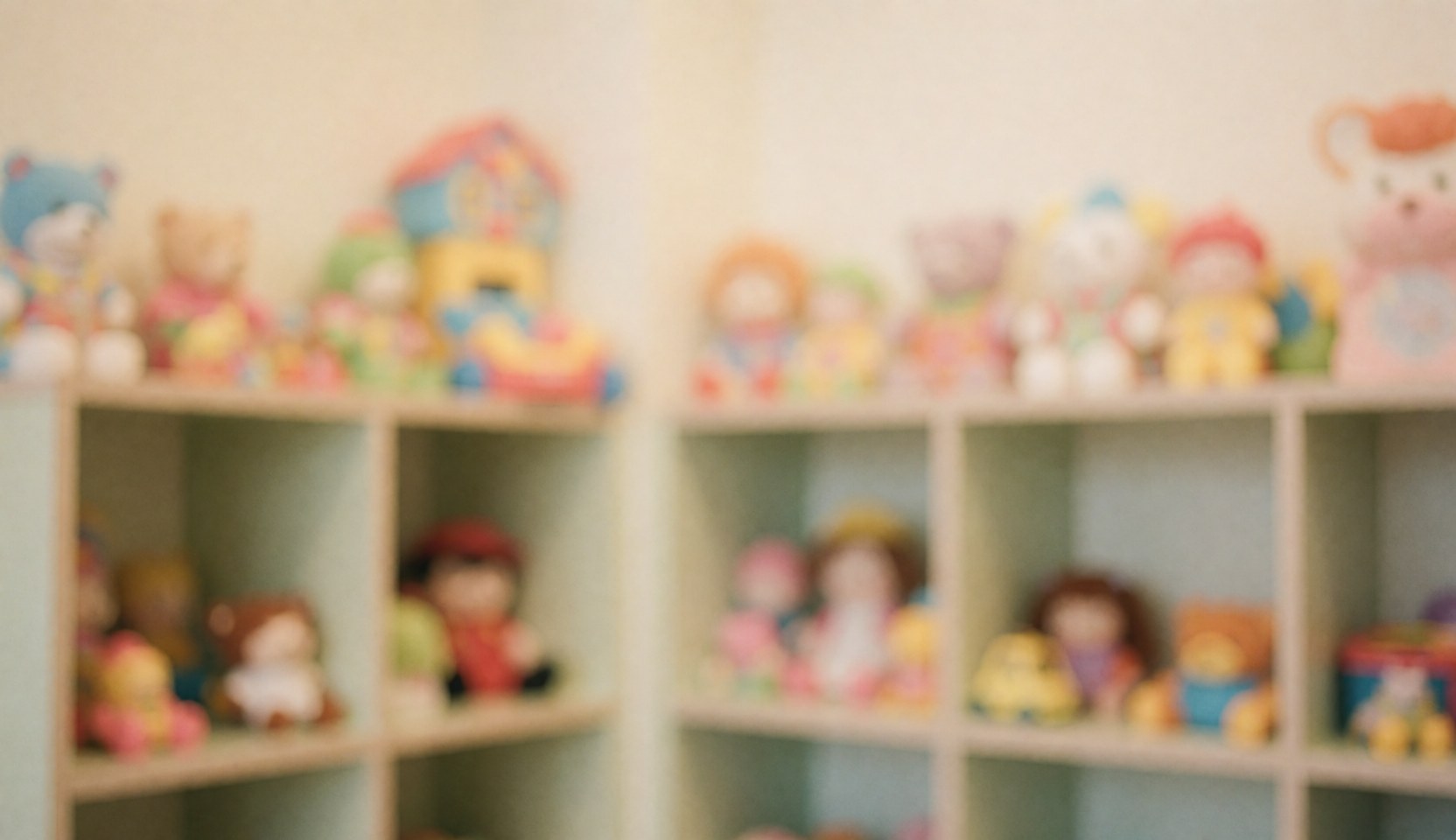Blurred shelves with pastel dolls and toys, creating a warm, safe backdrop ideal for text overlay in children's hair salon marketing.