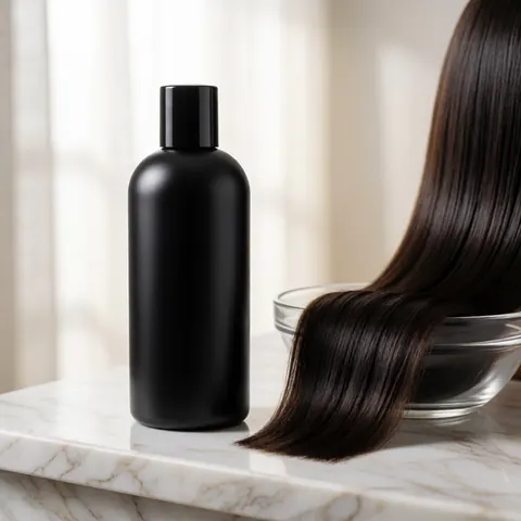 Black matte hair product bottle next to straight shiny hair in a glass bowl on marble, ideal for professional salon use
