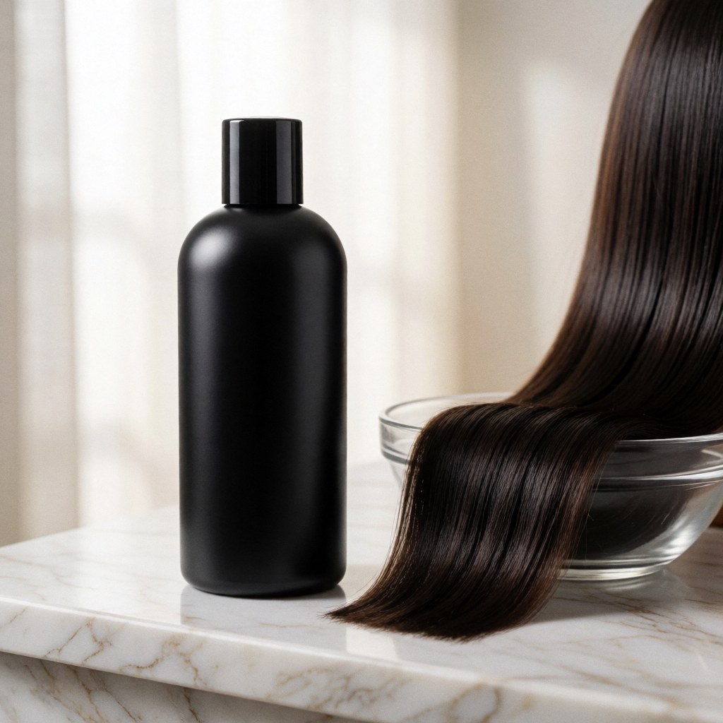 Black matte hair product bottle next to straight shiny hair in a glass bowl on marble, ideal for professional salon use