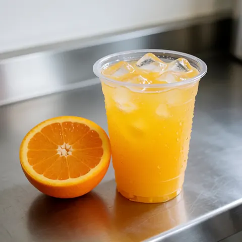 Glass of fresh orange juice with ice and a sliced orange on a metal surface with natural lighting
