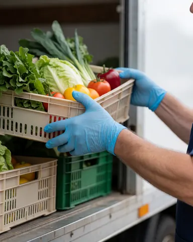 Close-up of hands wearing blue gloves stacking fresh produce boxes inside a mobile food truck, highlighting hygiene and preparation for business operations