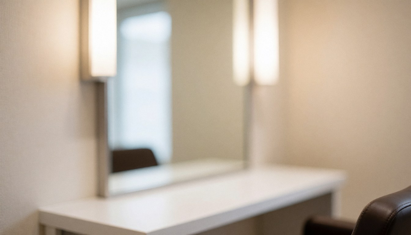 Clean and professional hair salon interior featuring a large mirror, bright lighting, and styling chair, ideal for text overlays and advertising.