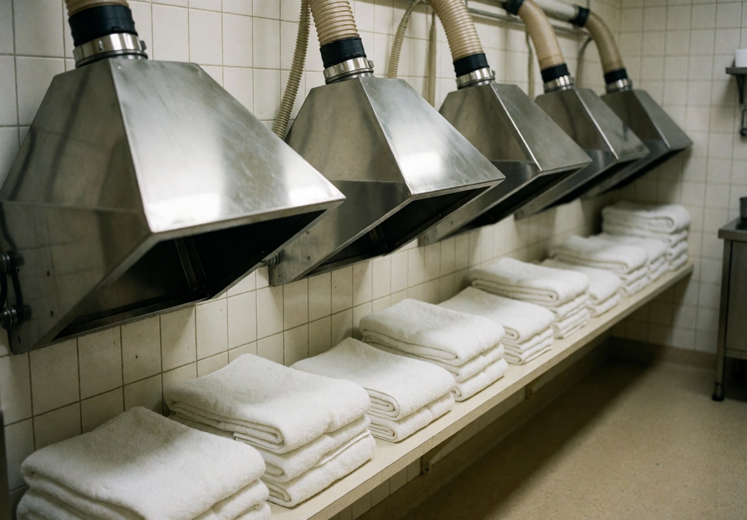 Metal hair dryers lined up with folded white towels on a shelf, tiled wall, and clean floor in a professional salon.