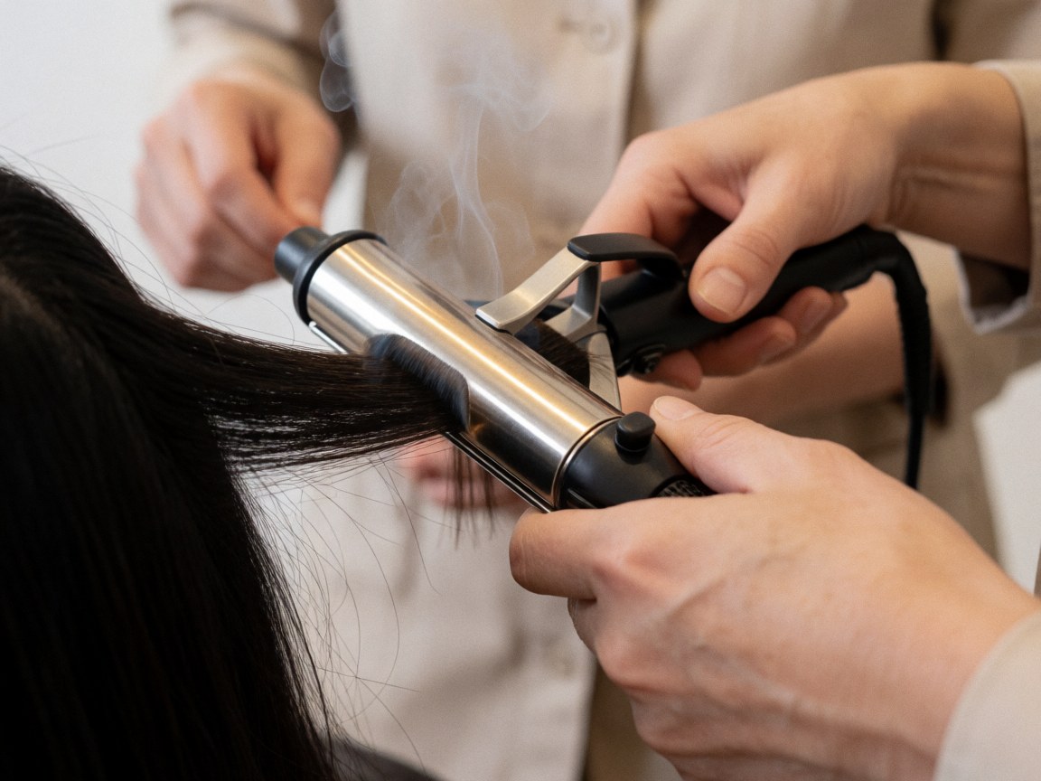Close-up of dark hair being styled with a professional heat tool in a salon setting