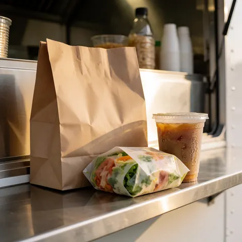 A prepared food truck order featuring a wrapped meal in a bag alongside a beverage with condensation drops, ready for delivery.