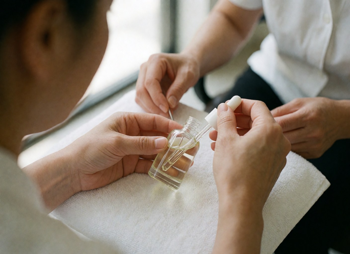 Close-up of a hair serum dropper bottle resting on a clean white towel in a professional salon setting, highlighting hair care details.