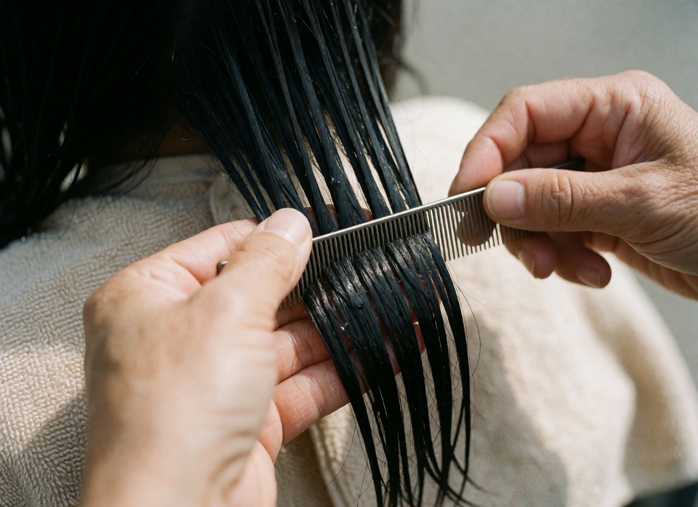 Close-up of hands using a fine-toothed comb on wet, shiny black hair with a beige towel in a professional salon setting