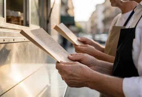 Two hands hold menus near a food truck window with warm light and realistic textures showing service in action