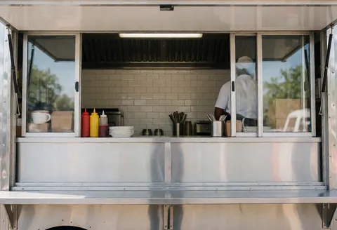 Food truck service window featuring stainless steel counter, condiments, plates, and an employee working in the background with natural light reflections.