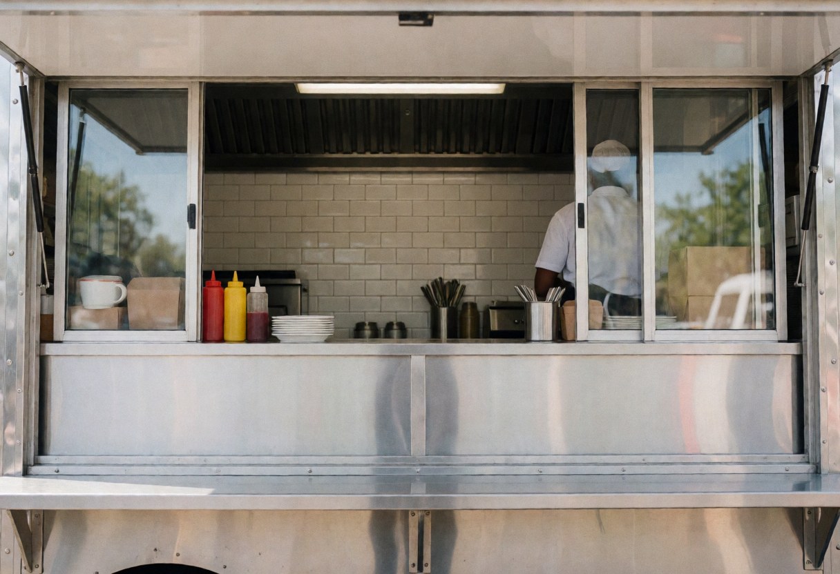 Food truck service window featuring stainless steel counter, condiments, plates, and an employee working in the background with natural light reflections.