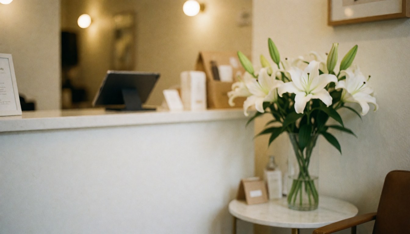 Hair salon reception desk featuring a vase of white lilies, a tablet, and a chair in a warm, welcoming setting ideal for service text backgrounds.