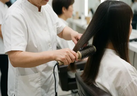 Professional hairdresser in a white uniform styling long, shiny hair with a brush in a modern salon.