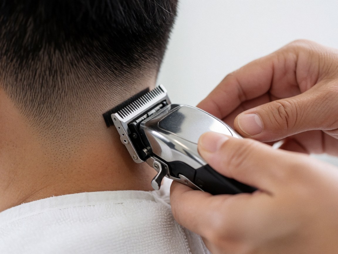 Detailed view of scissors trimming hair at a hair salon, showcasing a professional haircut technique for business use