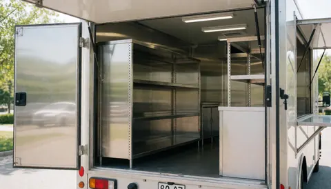 Spacious and clean food truck interior featuring stainless steel shelving, natural lighting, and organized storage for professional food preparation.