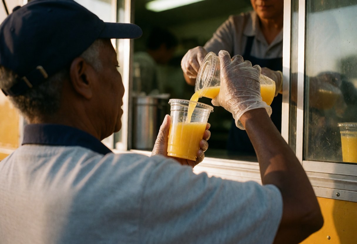 A worker wearing gloves serves fresh juice from a food truck to a customer during the day