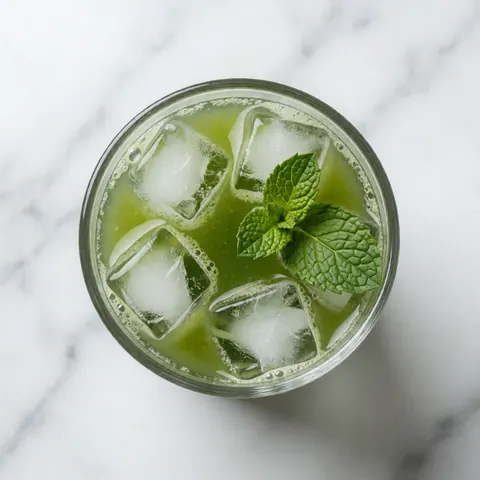 Overhead shot of a glass filled with refreshing green juice, ice cubes, and mint leaves on a white marble surface, ideal for food truck menus.