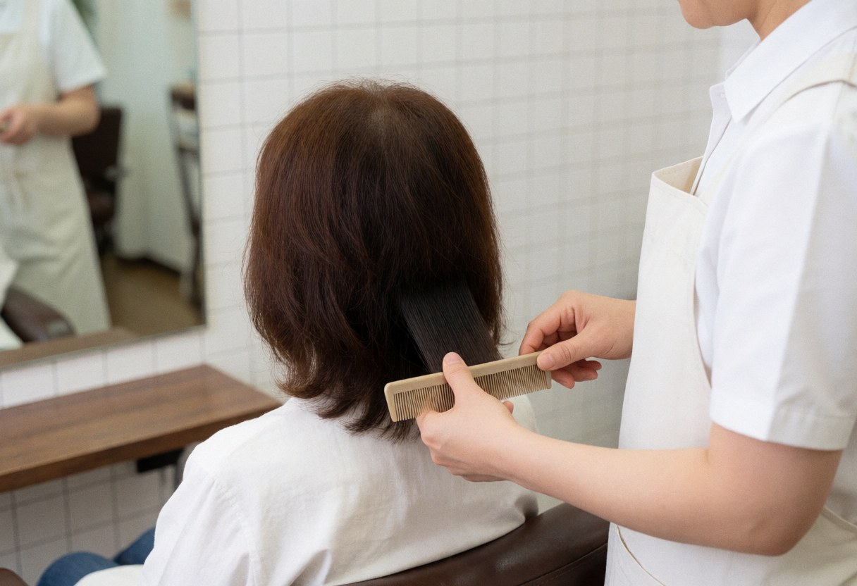 A professional hair stylist uses a comb and scissors to cut a client's hair in a bright salon with mirrors