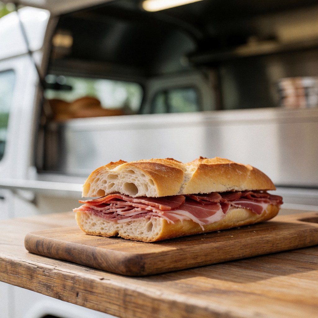 A close-up view of a fresh Iberian ham sandwich served on a rustic wooden board, ideal for food truck menus and culinary product displays.