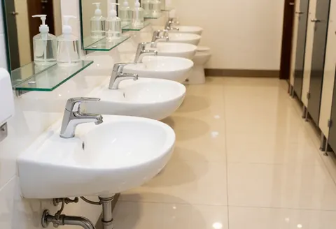 A clean and hygienic hair salon restroom featuring a white ceramic sink, chrome faucet, large mirror, and polished floor.